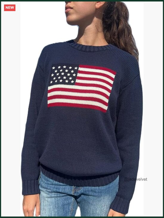 Sweaters - American Flag Crew Neck Sweater - Long Sleeve Loose Knit Pullover Top